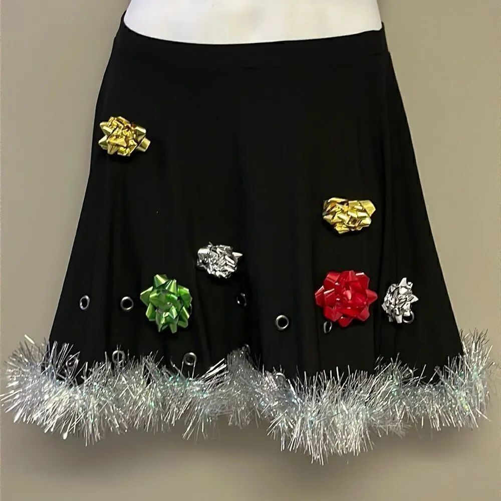 Btween Us Black Fit and Flare Ugly Christmas Skirt w/ Bows & Tinsel Garland- Med
